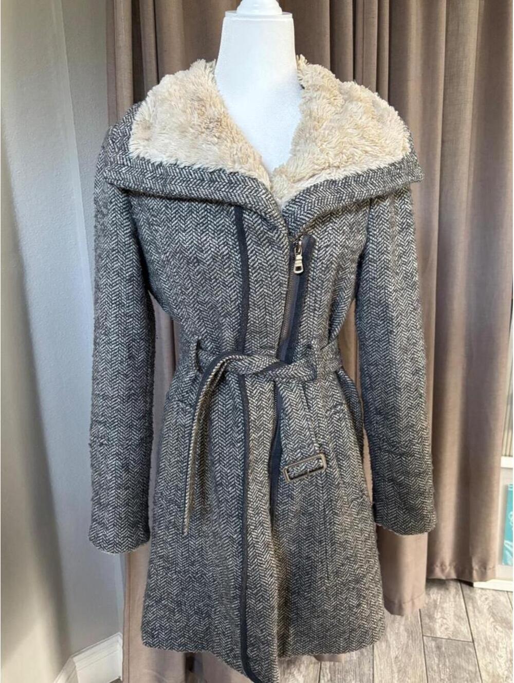GUESS Wool Blend Herringbone Faux Fur Belted Coat